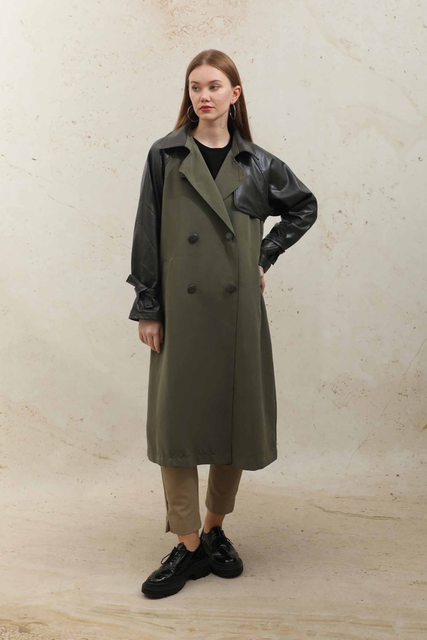 Leather Detailed Trench Coat Khaki - 5