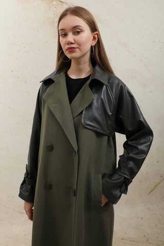 Leather Detailed Trench Coat Khaki - 6