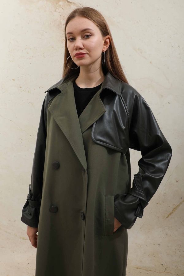 Leather Detailed Trench Coat Khaki - 6