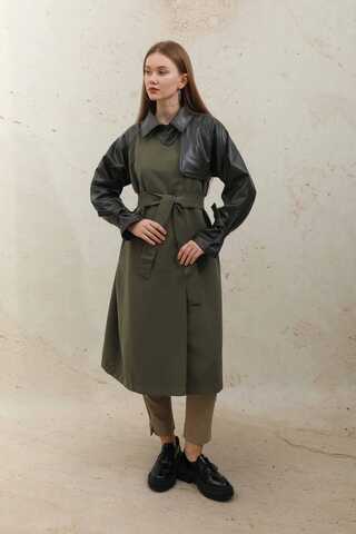Leather Detailed Trench Coat Khaki - 7