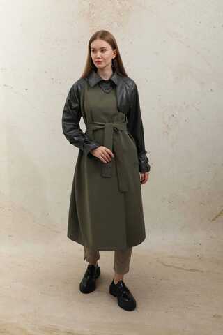 Leather Detailed Trench Coat Khaki - 8