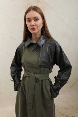 Leather Detailed Trench Coat Khaki - 9