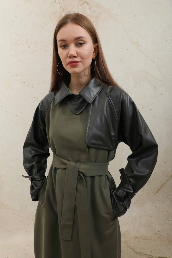 Leather Detailed Trench Coat Khaki - 9