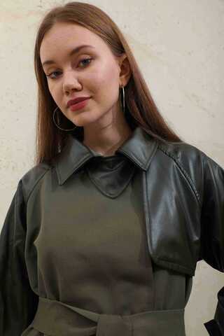 Leather Detailed Trench Coat Khaki - 10