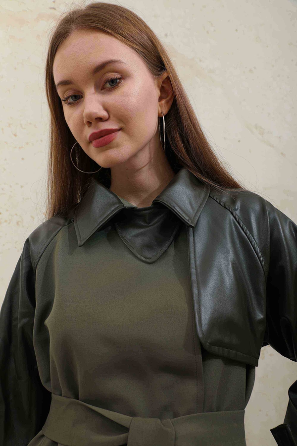 Leather Detailed Trench Coat Khaki - 10