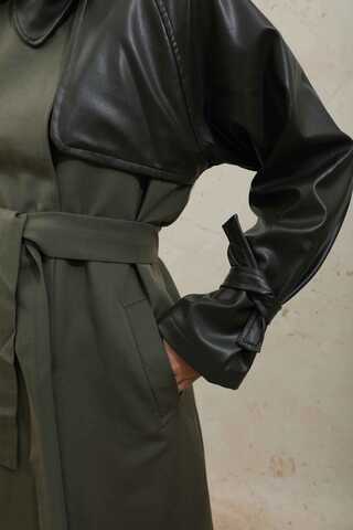 Leather Detailed Trench Coat Khaki - 11