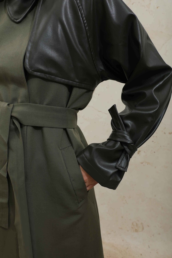 Leather Detailed Trench Coat Khaki - 11