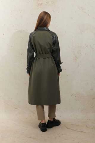 Leather Detailed Trench Coat Khaki - 12