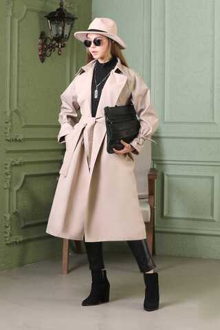 Leather Detailed Trench Coat Stone - 1