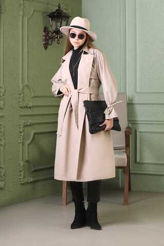 Leather Detailed Trench Coat Stone - 4