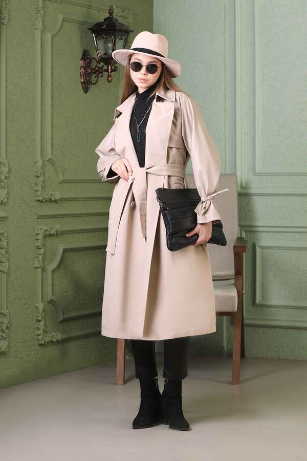 Leather Detailed Trench Coat Stone - 4