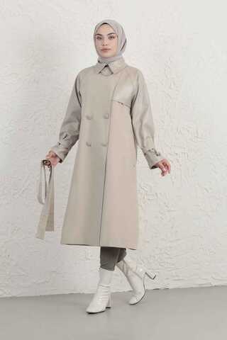 Leather Detailed Trench Coat Stone - 6