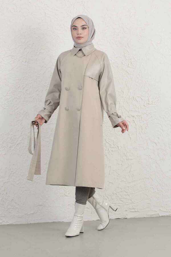Leather Detailed Trench Coat Stone - 6