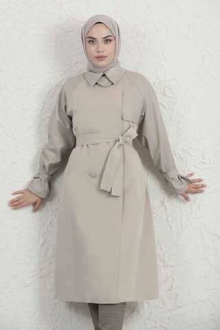 Leather Detailed Trench Coat Stone - 7