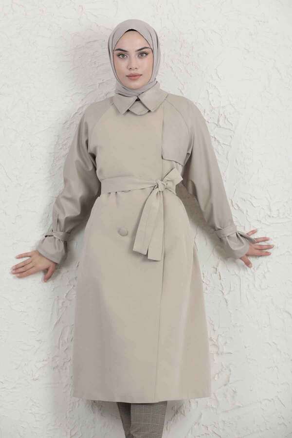 Leather Detailed Trench Coat Stone - 7