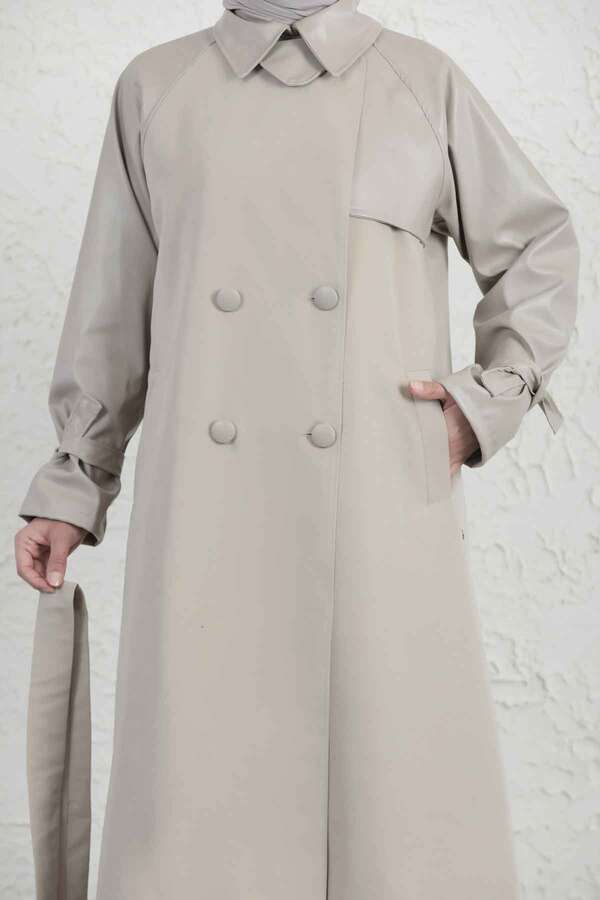 Leather Detailed Trench Coat Stone - 8