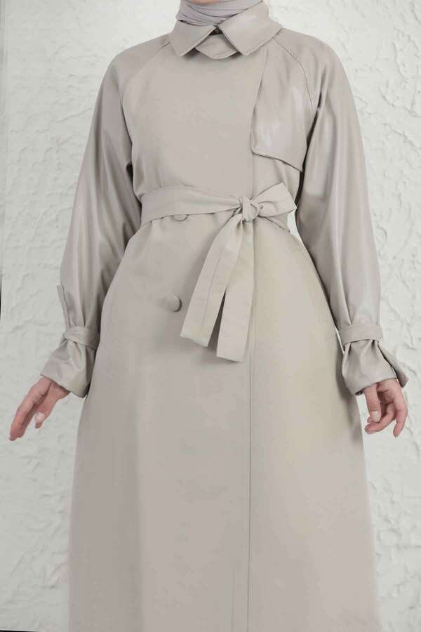 Leather Detailed Trench Coat Stone - 9