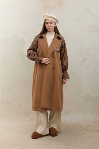 Leather Detailed Trench Coat Tan - 1