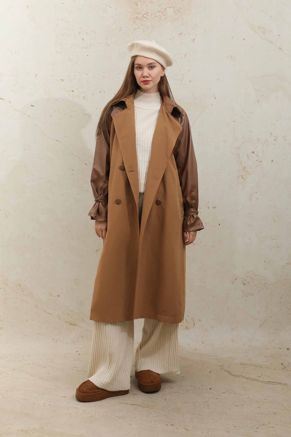 Leather Detailed Trench Coat Tan - 2