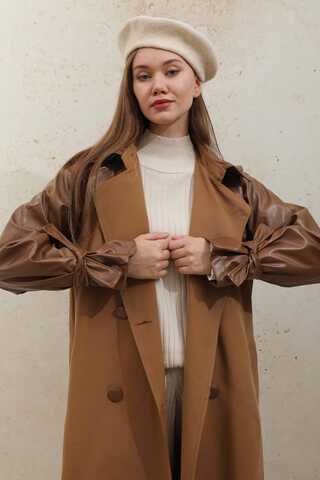 Leather Detailed Trench Coat Tan - 4