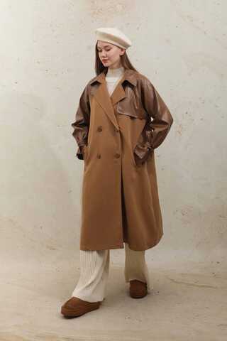 Leather Detailed Trench Coat Tan - 5
