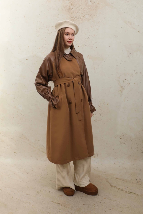 Leather Detailed Trench Coat Tan - 7