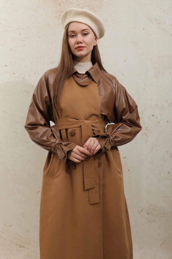 Leather Detailed Trench Coat Tan - 8