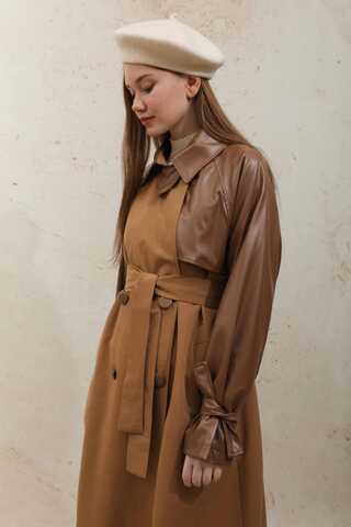 Leather Detailed Trench Coat Tan - 9