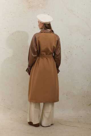 Leather Detailed Trench Coat Tan - 11