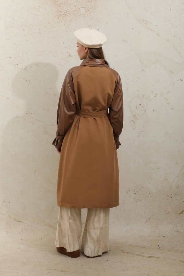 Leather Detailed Trench Coat Tan - 11