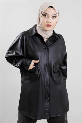 Leather Shirt Jacket Black - 2
