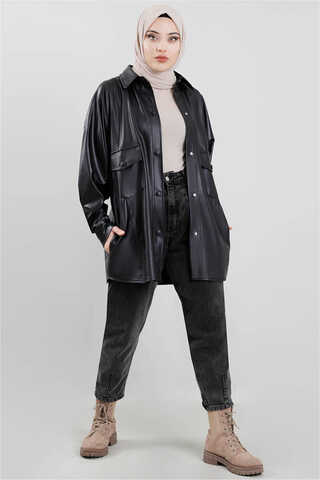 Leather Shirt Jacket Black - 1