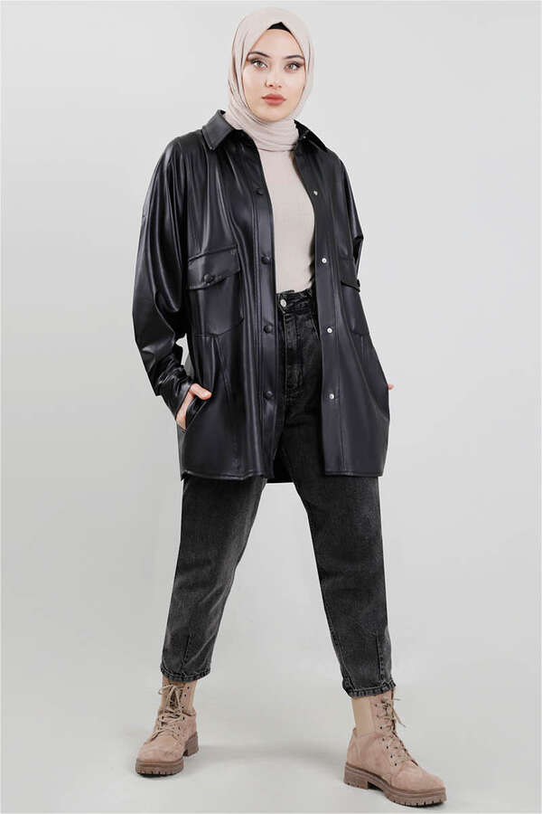 Leather Shirt Jacket Black - 1