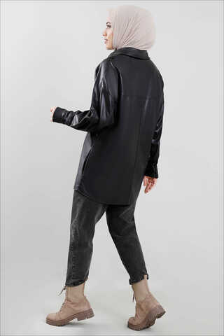 Leather Shirt Jacket Black - 3