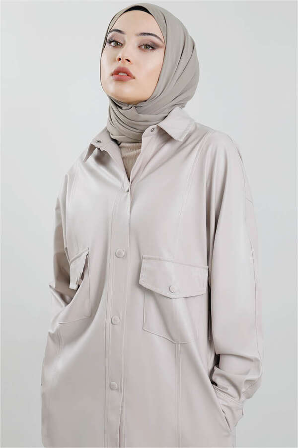 Leather Shirt Jacket Gravel - 2