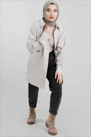 Leather Shirt Jacket Gravel - 3