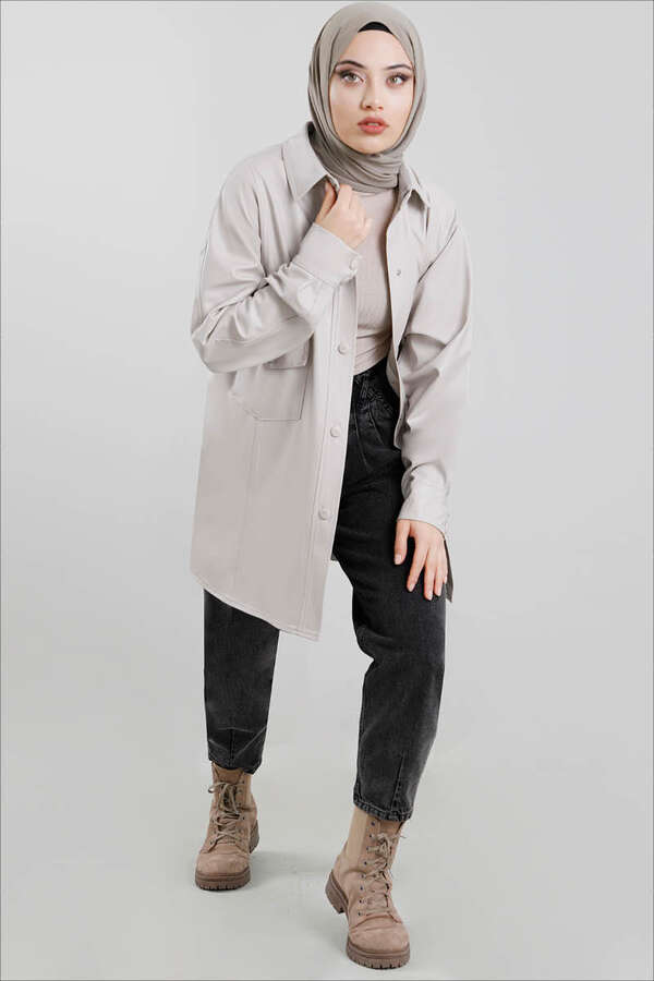 Leather Shirt Jacket Gravel - 3