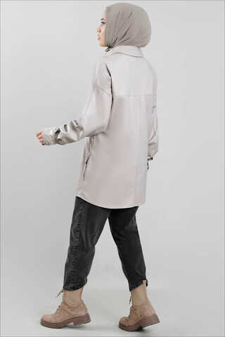 Leather Shirt Jacket Gravel - 4