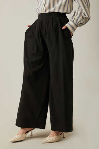 Linen Pleated Wide-Leg Pants Black - 6