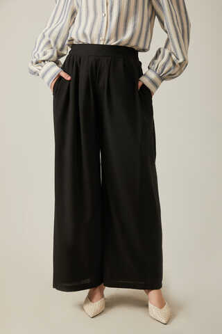 Linen Pleated Wide-Leg Pants Black - 4