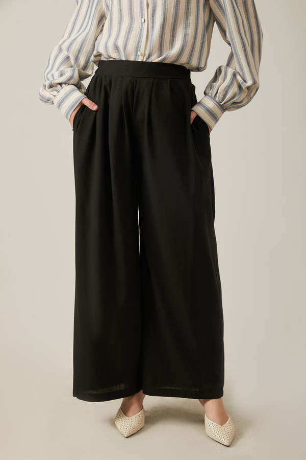 Linen Pleated Wide-Leg Pants Black - 4