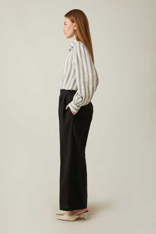 Linen Pleated Wide-Leg Pants Black - 7