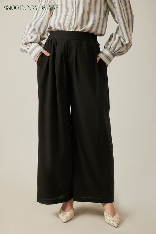 Linen Pleated Wide-Leg Pants Black - 1