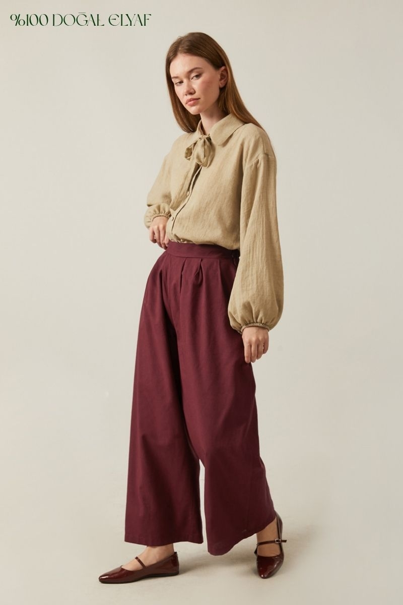 Linen Pleated Wide-Leg Pants Burgundy