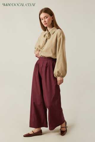 Linen Pleated Wide-Leg Pants Burgundy - 1