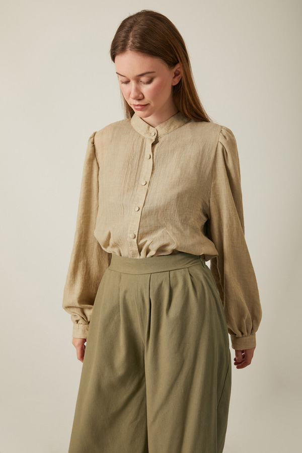 Linen Pleated Wide-Leg Pants Khaki - 5