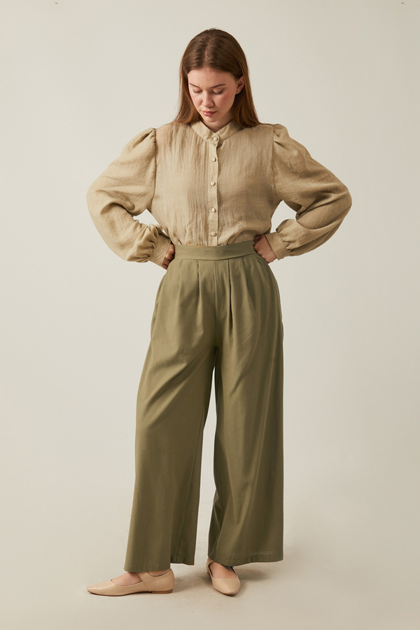 Linen Pleated Wide-Leg Pants Khaki - 2