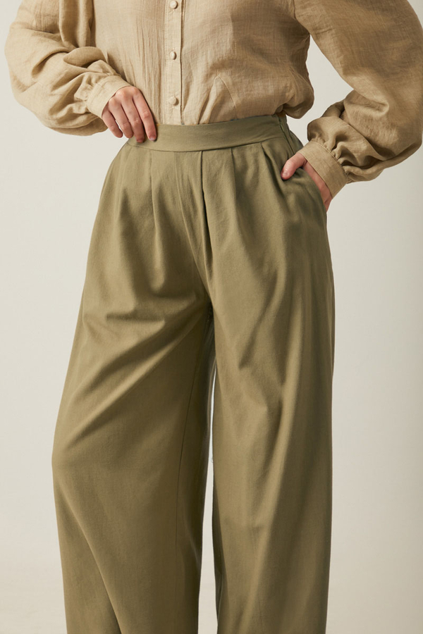 Linen Pleated Wide-Leg Pants Khaki - 7