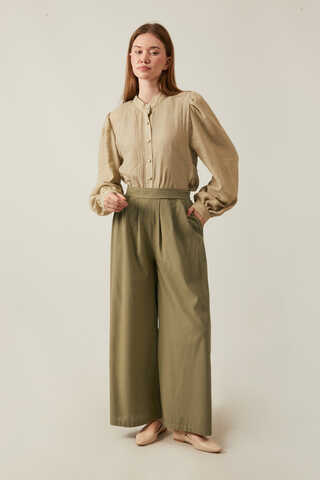 Linen Pleated Wide-Leg Pants Khaki - 4