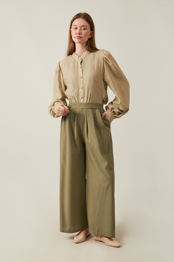 Linen Pleated Wide-Leg Pants Khaki - 4